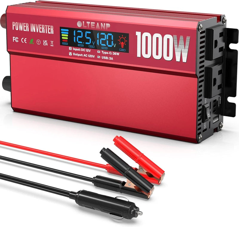 1000W Power Inverter with LCD, 2 AC Outlets, USB & Type-C Ports for Vehicles