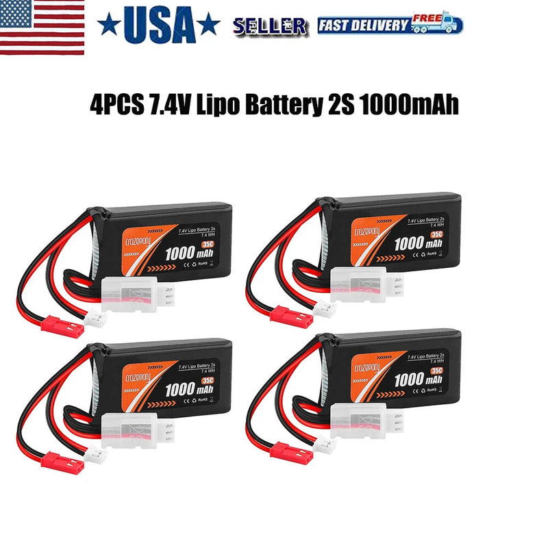 7.4V 1000mAh Lipo Battery 2S 35C w/ JST Plug for Wltoys 1/10 1/16 1/24 RC Cars