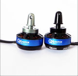 Brushless RC drone motor set by QX-MOTOR, black and silver housings with blue rings