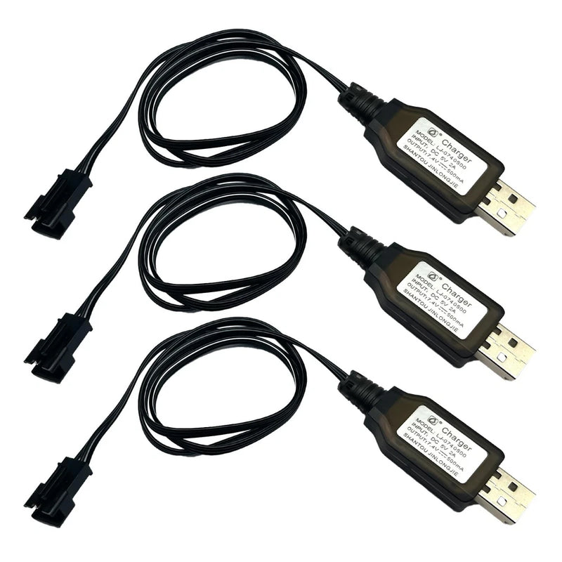 3Pack 7.4V USB Charger Cable with SM-3PIN Plug Compatible RC Car Black Battery