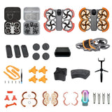 DJI Avata drone accessory kit with landing gear bumpers, prop guards, and case