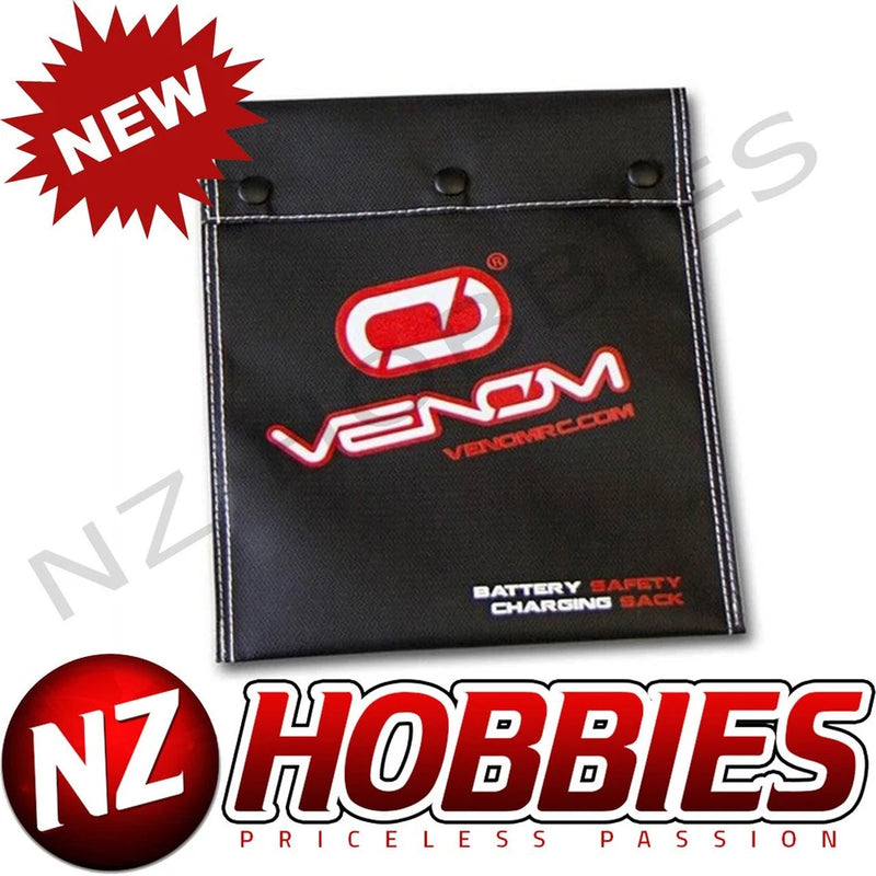 Venom LiPo battery safety charging sack, black pouch with logo and top grommets