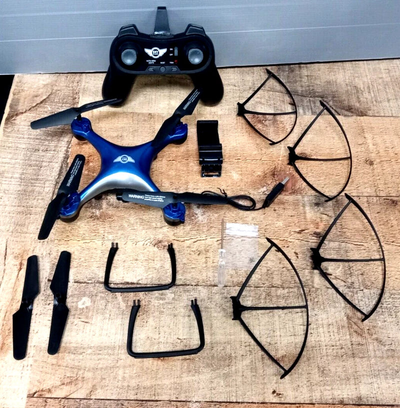 Blue and black quadcopter drone with Wi‑Fi camera, remote controller and spare propeller guards