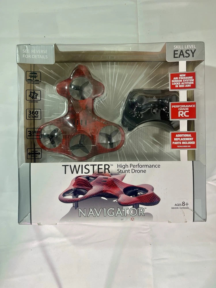High performance stunt drone in clear retail box, blue controller and red twister base
