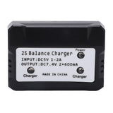 Black 2S balance charger for 7.4V LiPo, with power switch and input/output specs