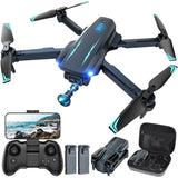Black quadcopter drone with teal accents, FPV camera and foldable propellers, plus controller