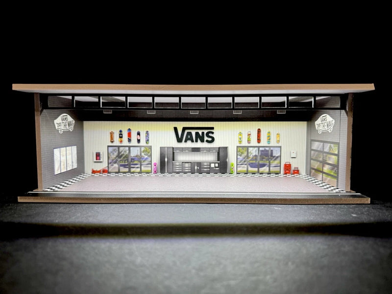 Vans Hot Wheels garage diorama model with LED lights and tool-wall details