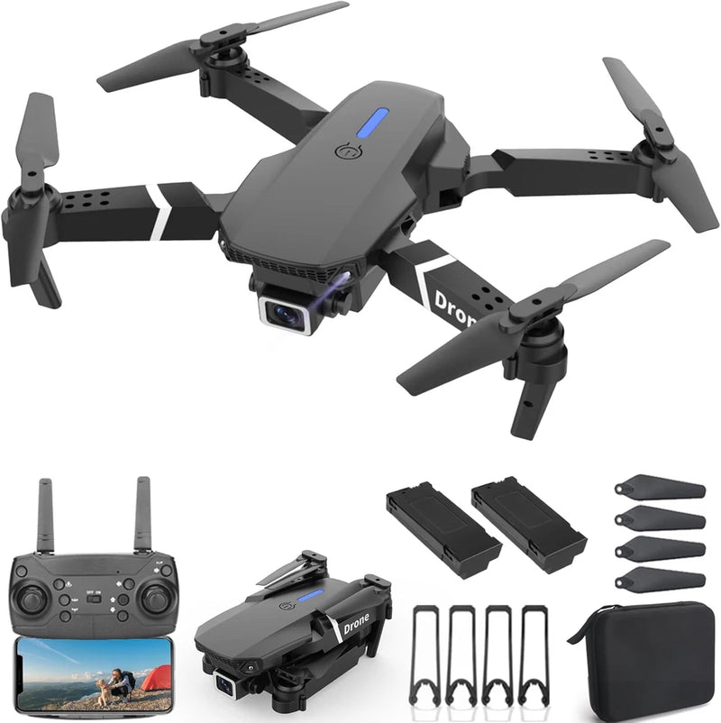 Foldable quadcopter toy drone with 1080P camera, remote controller, and accessories kit