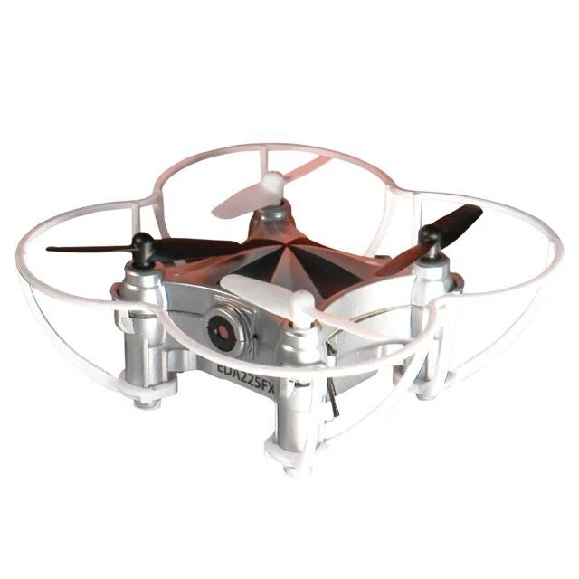White quadcopter drone with four clear propellers and front camera module