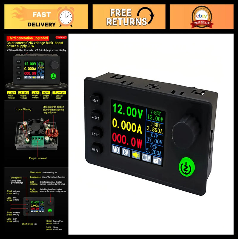 Adjustable 90W DC-DC Buck Boost Power Converter, Color Display, CC CV, 0.5-36V L