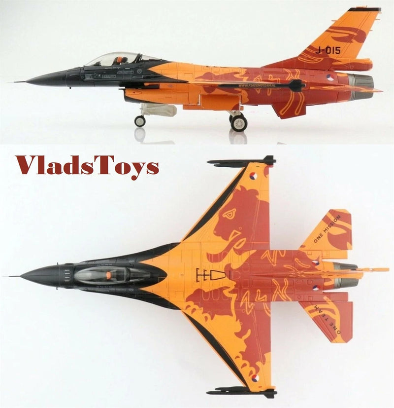 Hobby Master 1/72 F-16AM model fighter jet with orange camo scheme, landing gear down