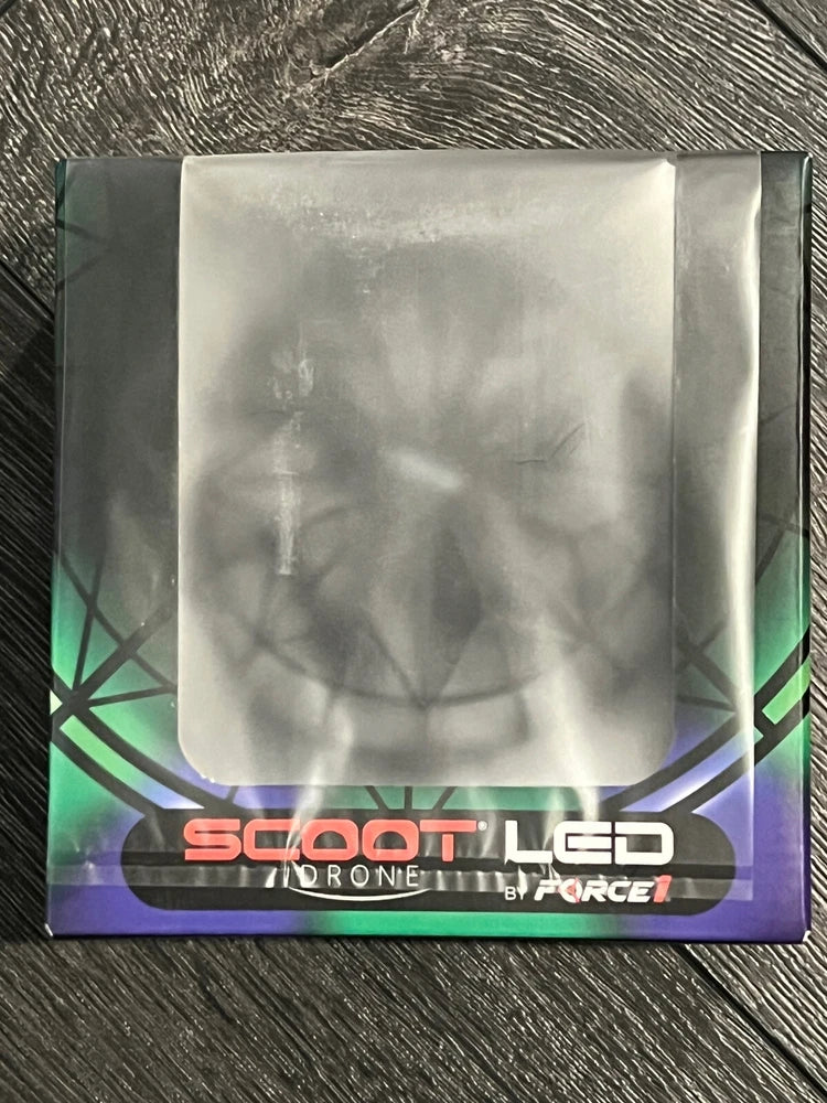 LED indoor drone box with blue and green graphics and Scoot LED branding