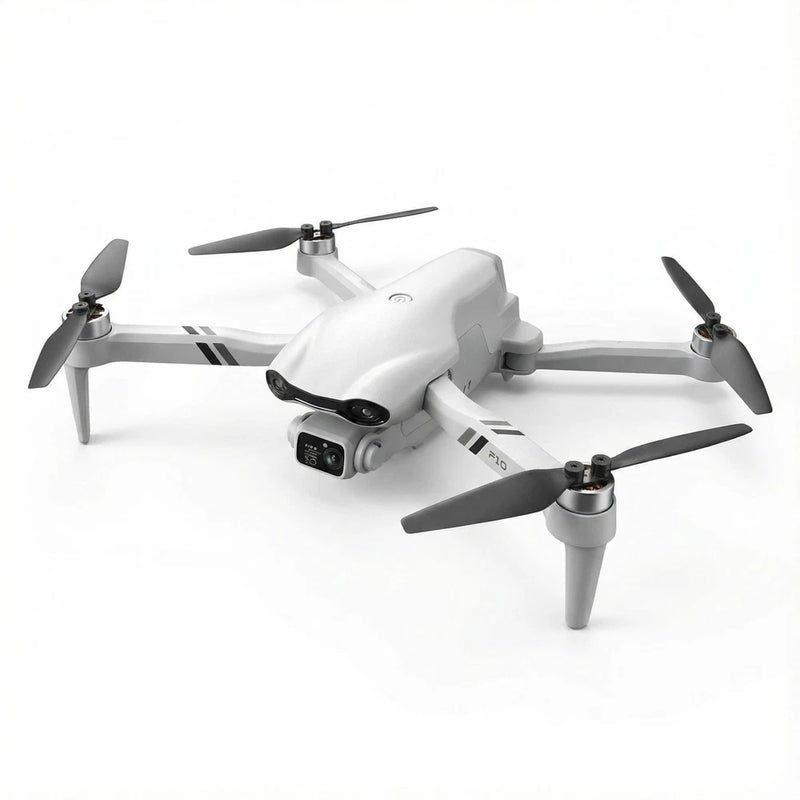 White quadcopter drone with front camera and four propellers