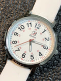 Blekon analog watch with white silicone band, round silver case, red military-style numbers