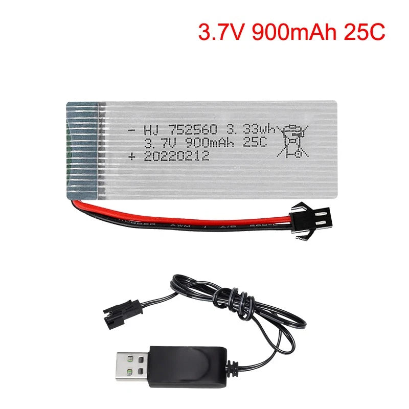 3.7V 900mAh 25C LiPo battery pack with red/black leads and connector plug