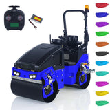 RC road roller model with blue body, front headlights, and large rubber wheels