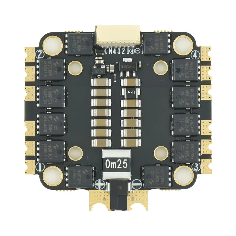Drone ESC PCB: black circuit board with gold pads and soldered chips