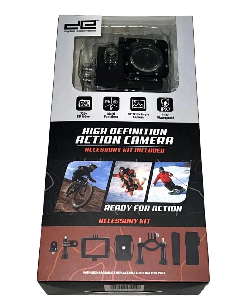 Black 720p high definition action camera accessory kit shown in retail box