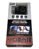 Black 720p high definition action camera accessory kit shown in retail box