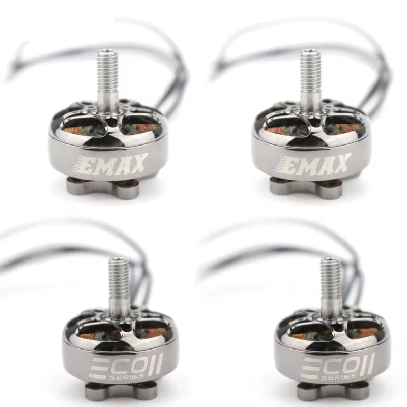 Set of four brushless FPV drone motors with silver housings and exposed wiring, EMAX/EC01 logos