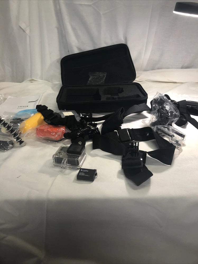 GoPro Hero4 action camera kit with open waterproof case and multiple mounting accessories