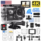 4K action camera in clear waterproof case with WiFi and mounting accessory kit