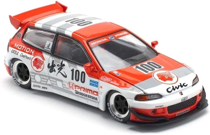 Orange and white die-cast model car, Honda Civic EG6 with hood decals and rear spoiler