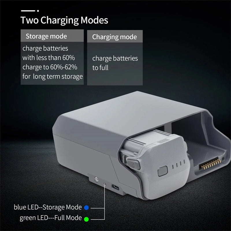 Compact drone battery charger accessory with blue and green LED status lights