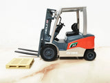 1/18 scale diecast battery forklift truck with raised mast, orange-and-white body