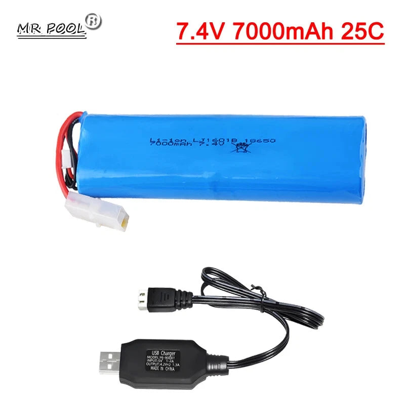 1pcs 2S 7.4V 7000mAh 25C Li-ion Battery Big Tamiya plug + USB cable for Henglong