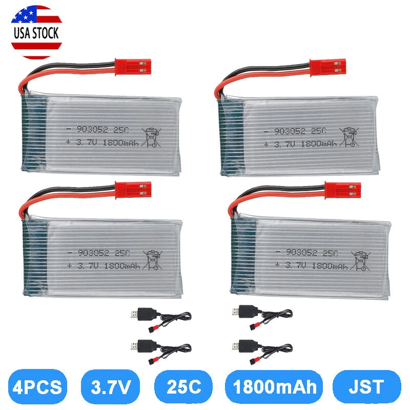 4Pcs 3.7V 1800mah Lipo Battery 25C JST Plug USB Charger for RC Drone Battery USA