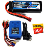 RC LiPo battery pack with EZ6 charger, Deans plug and multiple power leads, 6000mAh 11.1V