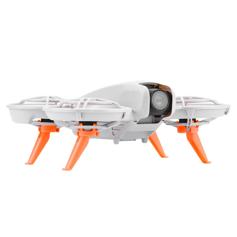 Drone landing gear stand: white frame with orange legs and side camera mount