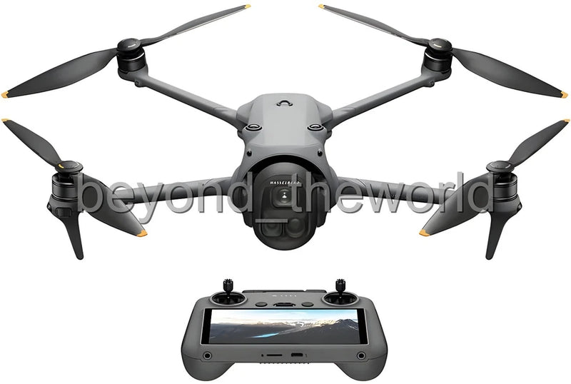 Gray quadcopter camera drone with 4 propellers and remote controller