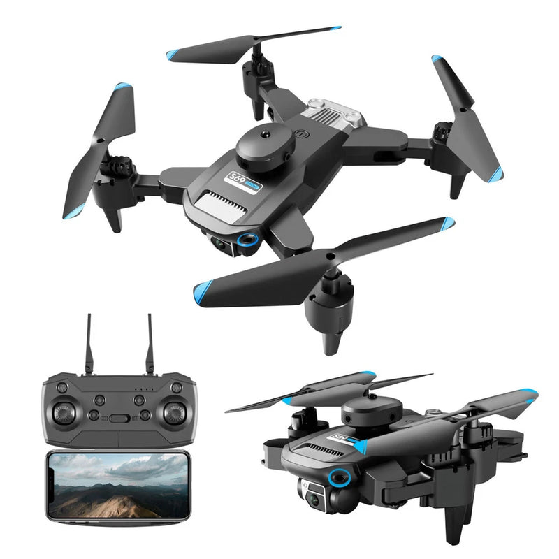 FPV drone with foldable propellers, dual camera module, and remote controller with screen