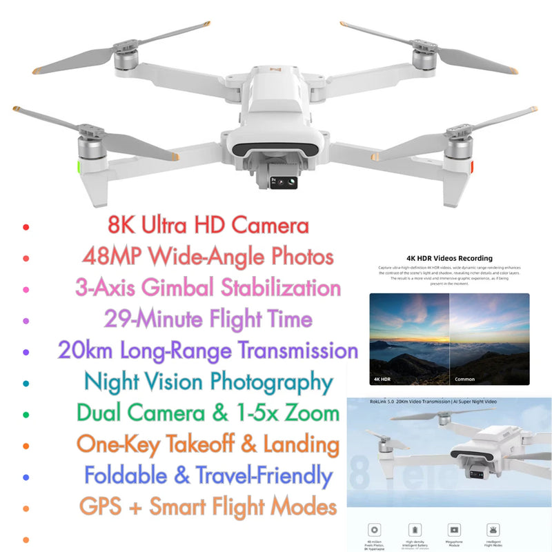 White quadcopter drone with 3-axis gimbal camera and four fold-out propellers