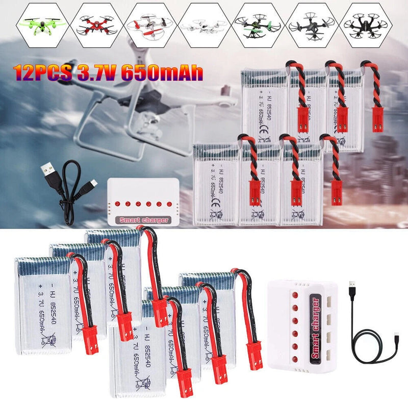 12Pcs 3.7V 650mAh LiPo Battery JST Plug For SYMA X5C X5C-1 X5SW X6SW H9D H5C RC Battery
