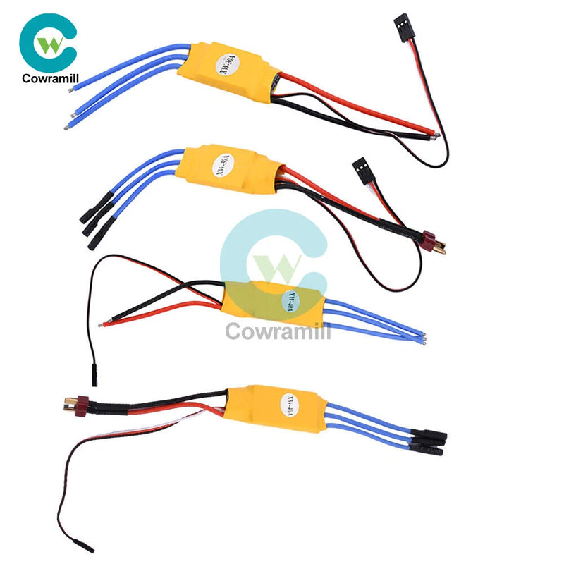 Brushless ESC motor speed controller with yellow circuit board and multi-wire leads