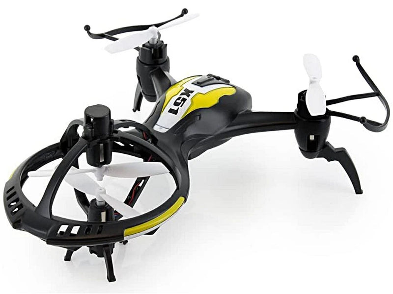 Black RC UFO-style drone with LED lights, yellow accents, four-blade rotor guards.