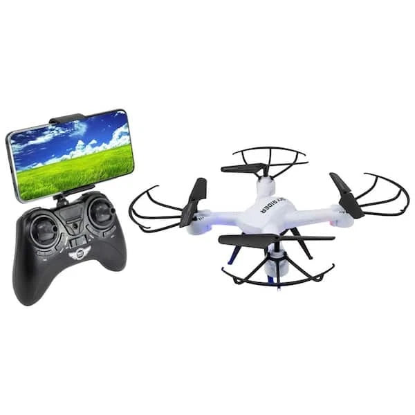 White quadcopter drone with Wi‑Fi camera, plus remote controller with phone holder