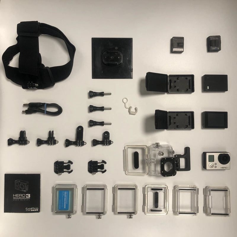 GoPro HERO3 white action camera and accessories, including LCD, mounts, batteries, and cases