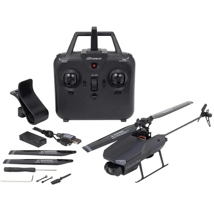Black radio control single-rotor drone kit with controller, camera drone, and accessories