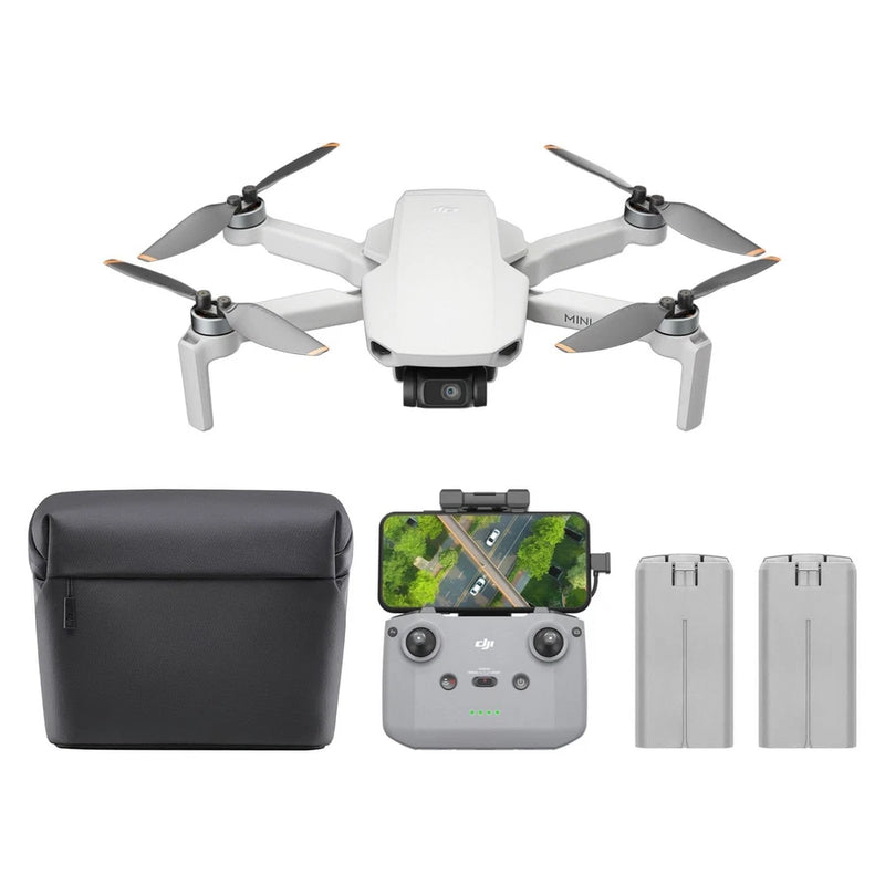 White quadcopter camera drone, remote controller, carrying case, and two batteries