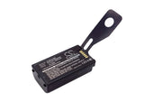 Black battery pack with mounting bracket and printed specifications label.
