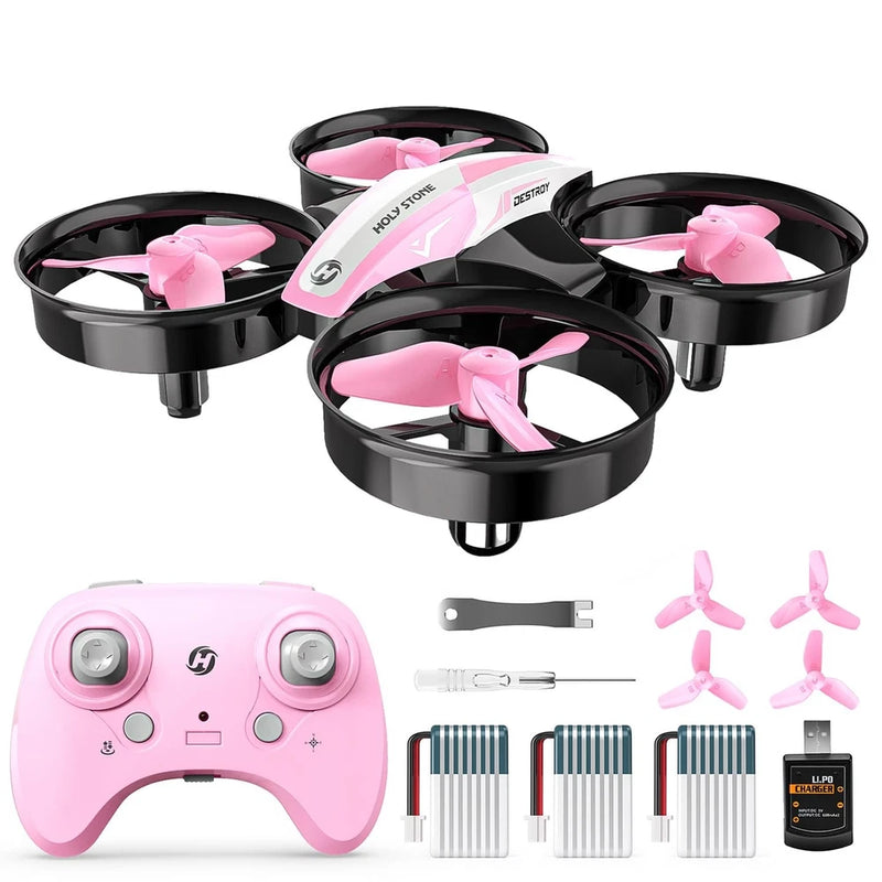 Pink mini RC drone with pink controller and spare propellers