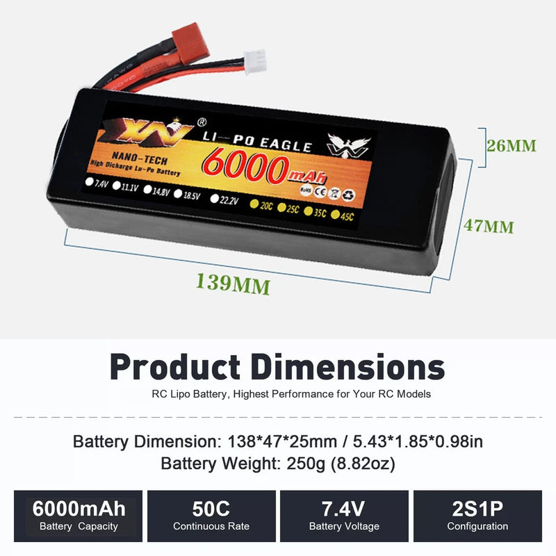 RC LiPo battery pack, 6000mAh 7.4V 2S1P, T-plug connector, black case
