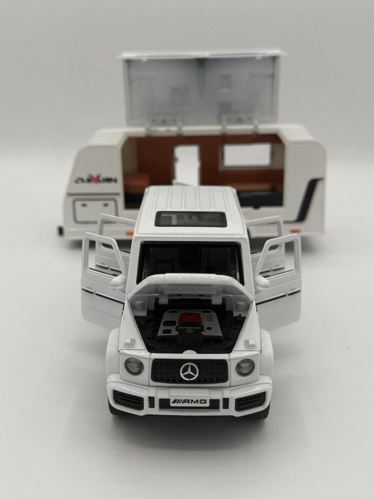 Mercedes G-Wagon AMG Toy Car with Camper Trailer Diecast Model 1:32, Doors Open