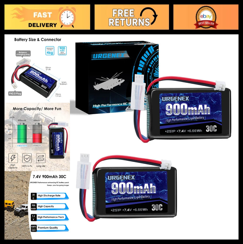 7.4V 2S 30C 900mAh LiPo Battery with PH2.0 Plug for 1/10 1/16 1/18 1/24 RC Cars Battery
