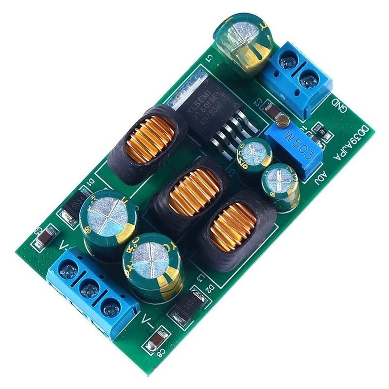 Dual output DC-DC converter module PCB with blue screw terminal blocks and capacitors
