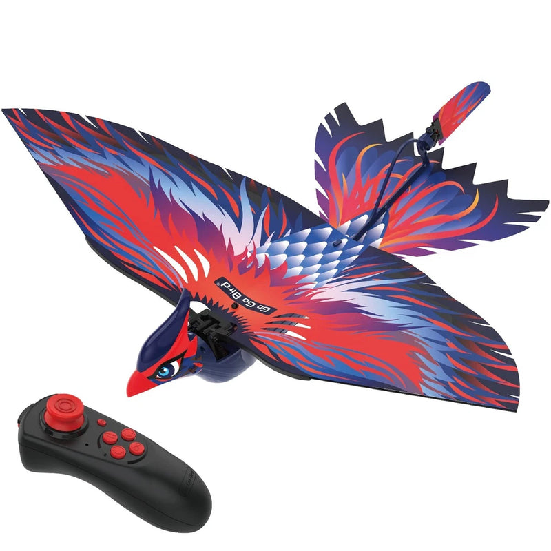 Colorful winged RC drone toy with red-blue flame design and black game controller